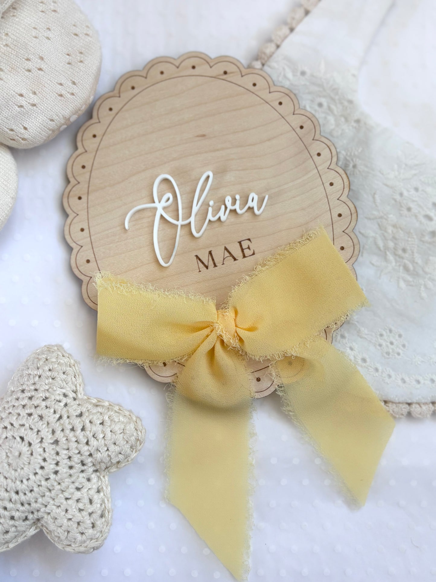 Personalised Baby Name Reveal Wooden Scallop Bow Plaque