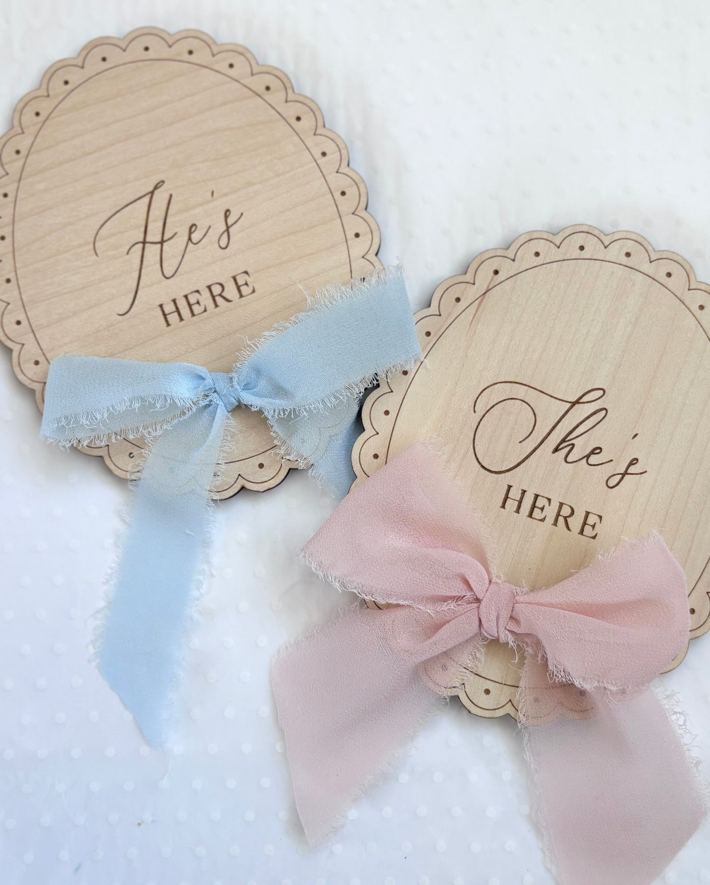 He’s Here, She’s Here Wooden Birth Announcement Plaque