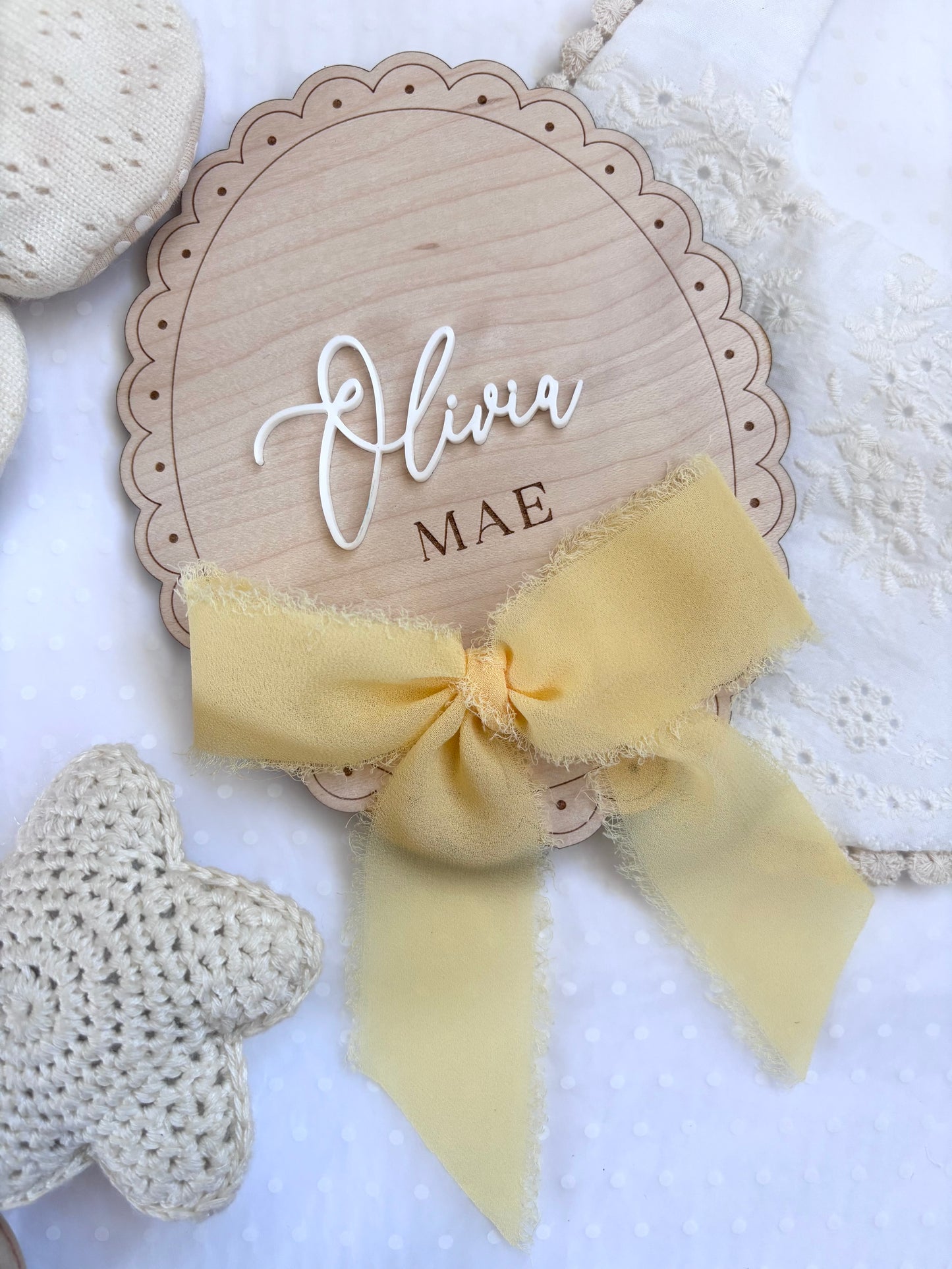 Personalised Baby Name Reveal Wooden Scallop Bow Plaque