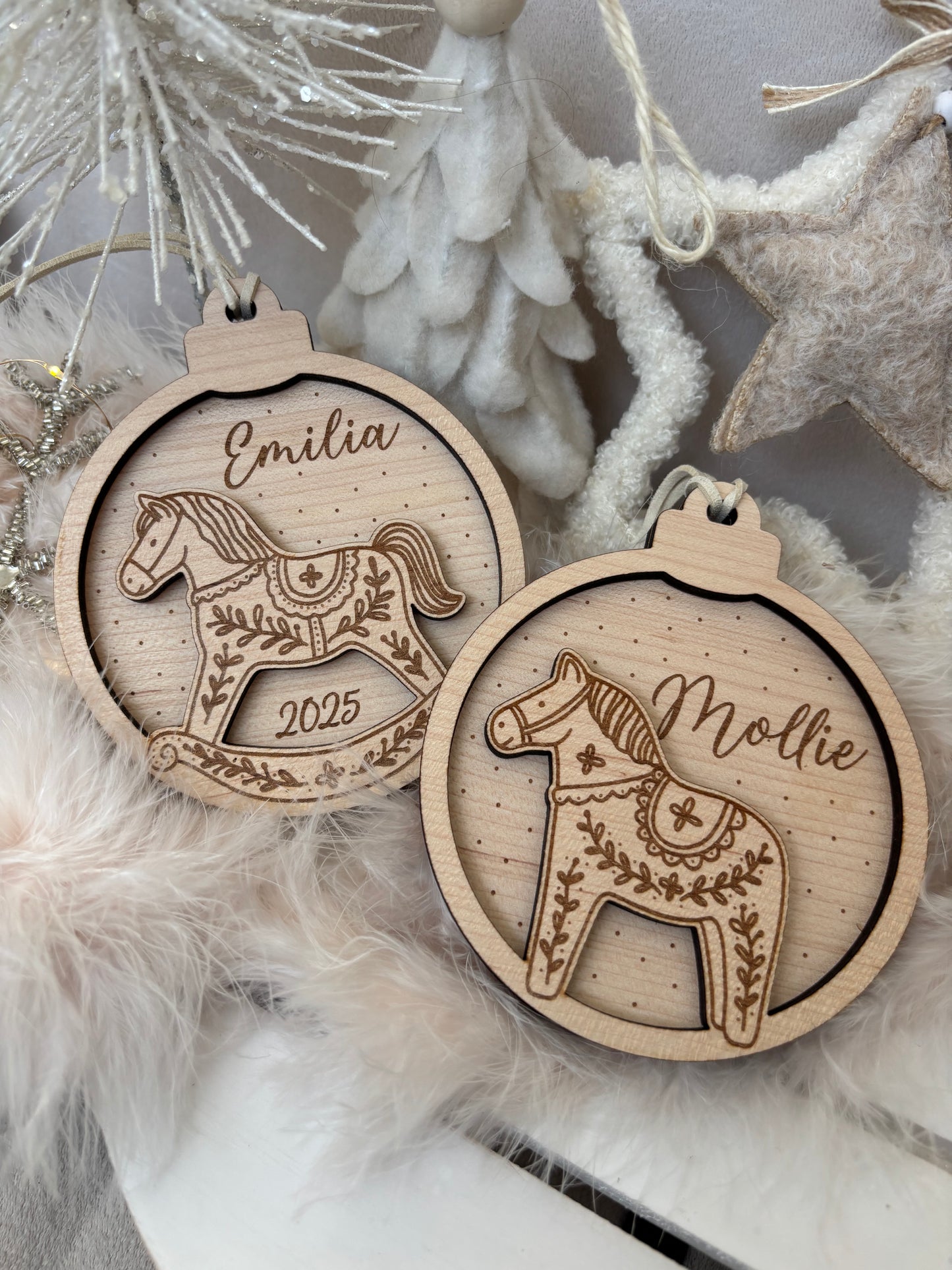 Personalised Rocking Horse, Gingerbread Bauble : Wooden Snowglobe Tree Ornament