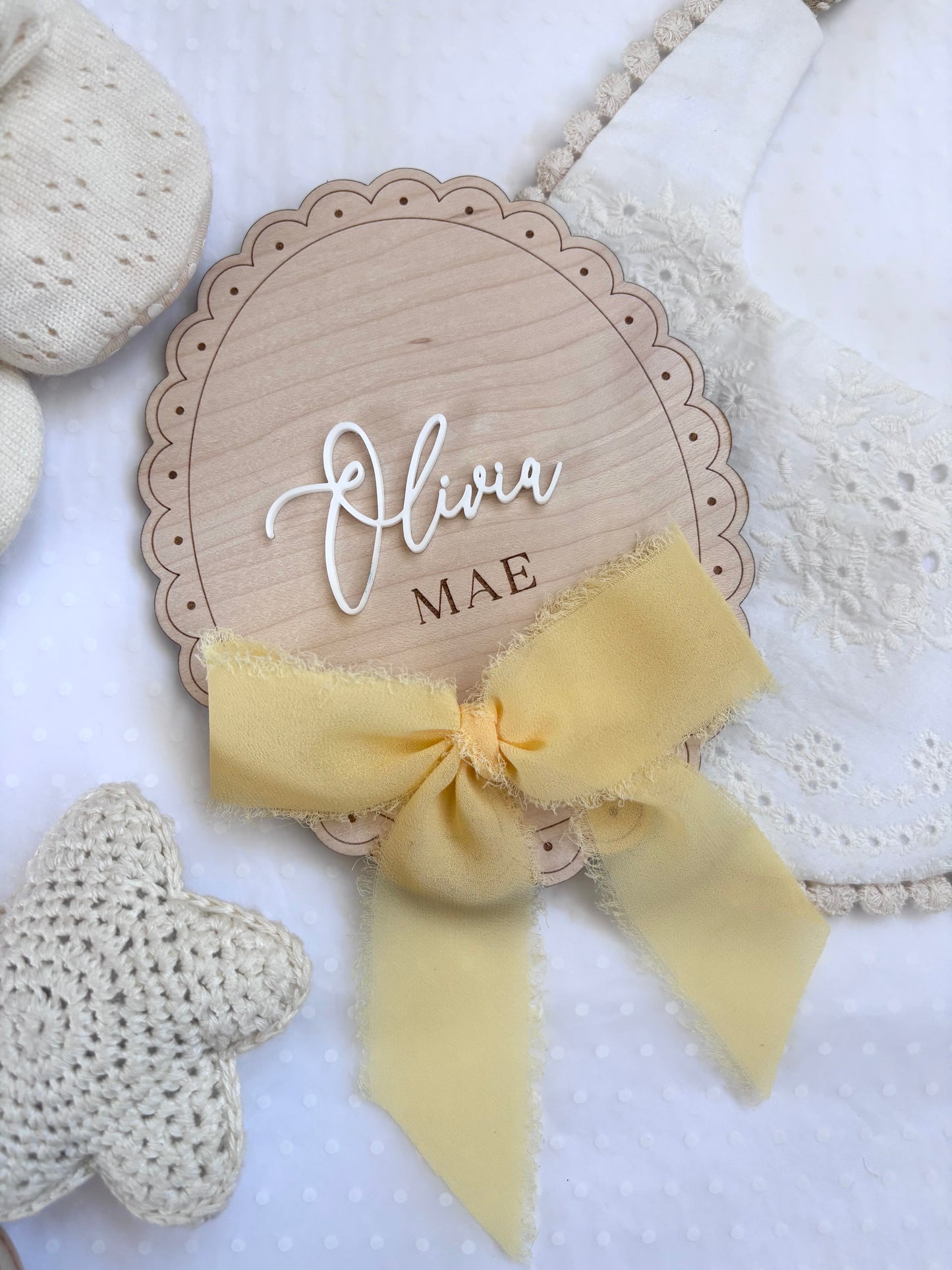 Personalised Baby Name Reveal Wooden Scallop Bow Plaque