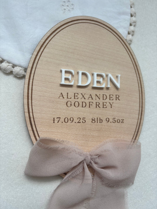 Personalised Wooden Birth Announcement Plaque with Chiffon Ribbon