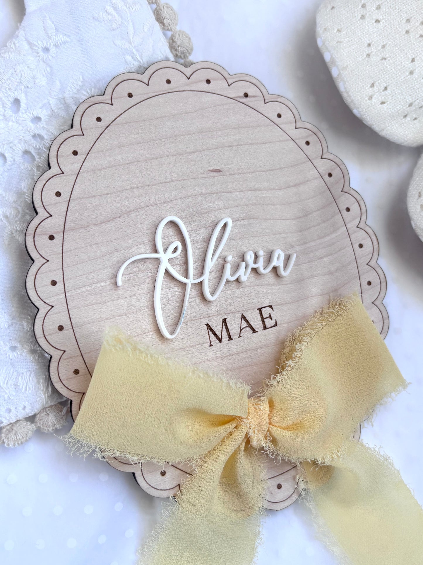 Personalised Baby Name Reveal Wooden Scallop Bow Plaque