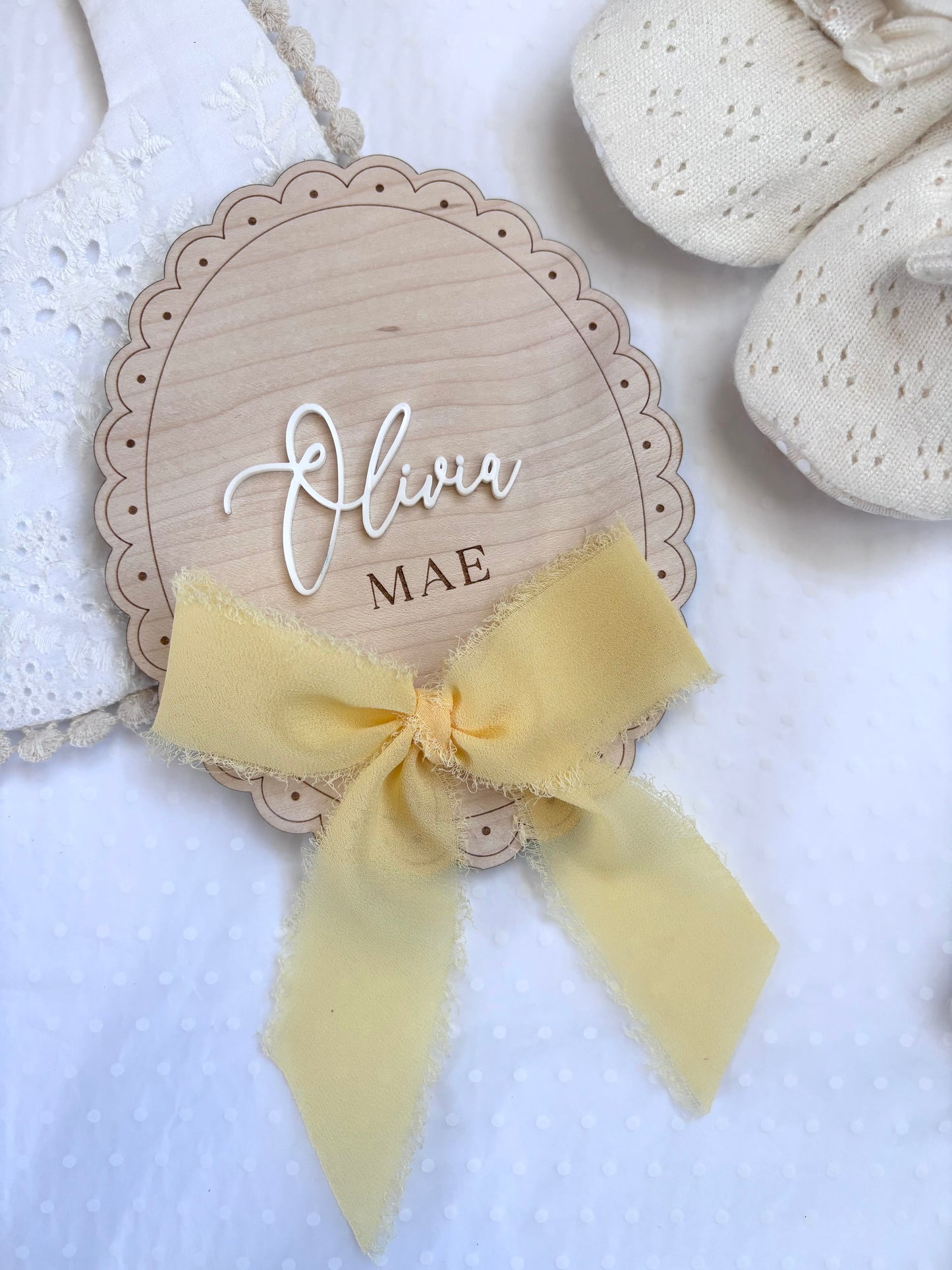 Personalised Baby Name Reveal Wooden Scallop Bow Plaque