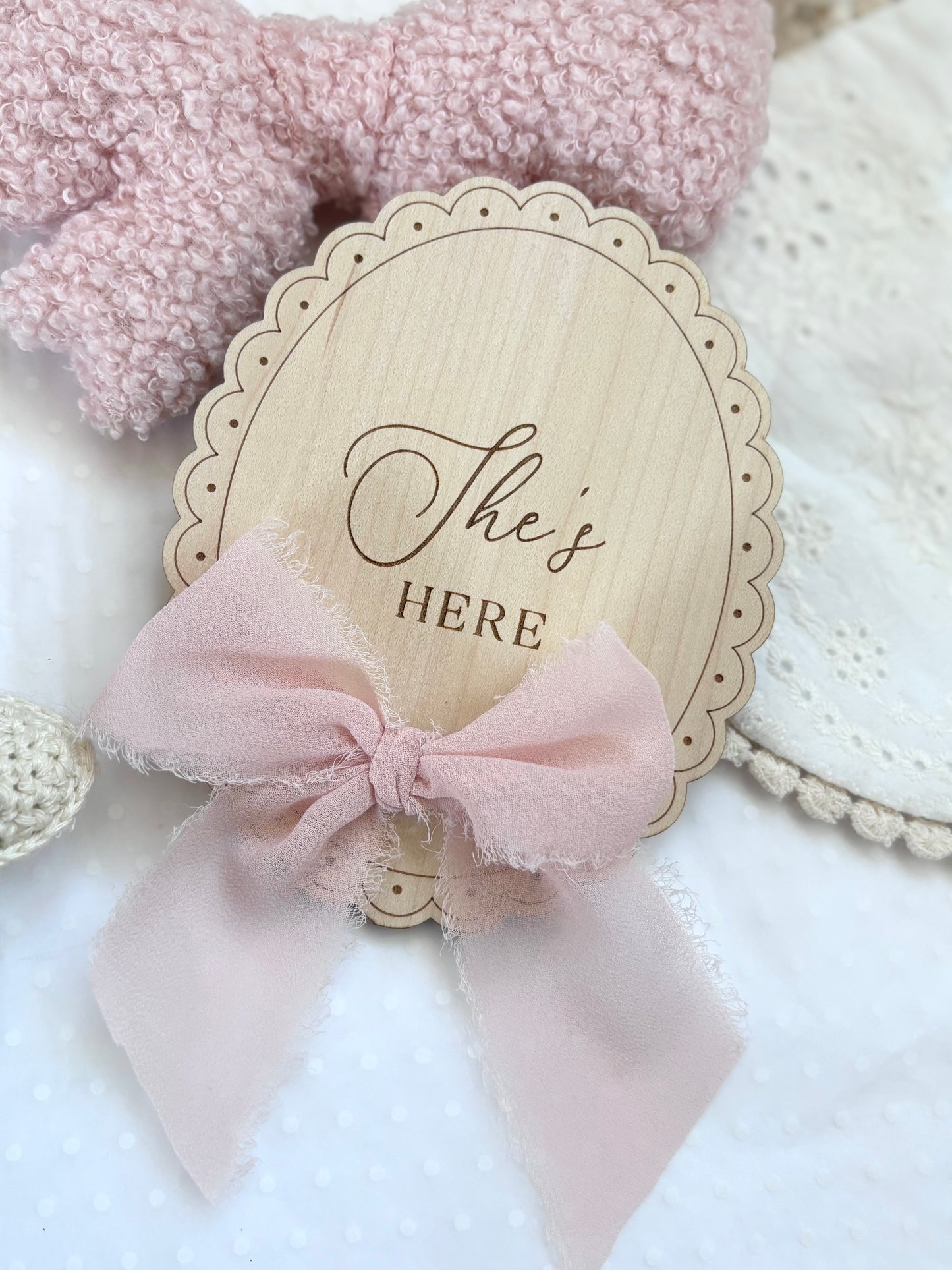 He’s Here, She’s Here Wooden Birth Announcement Plaque