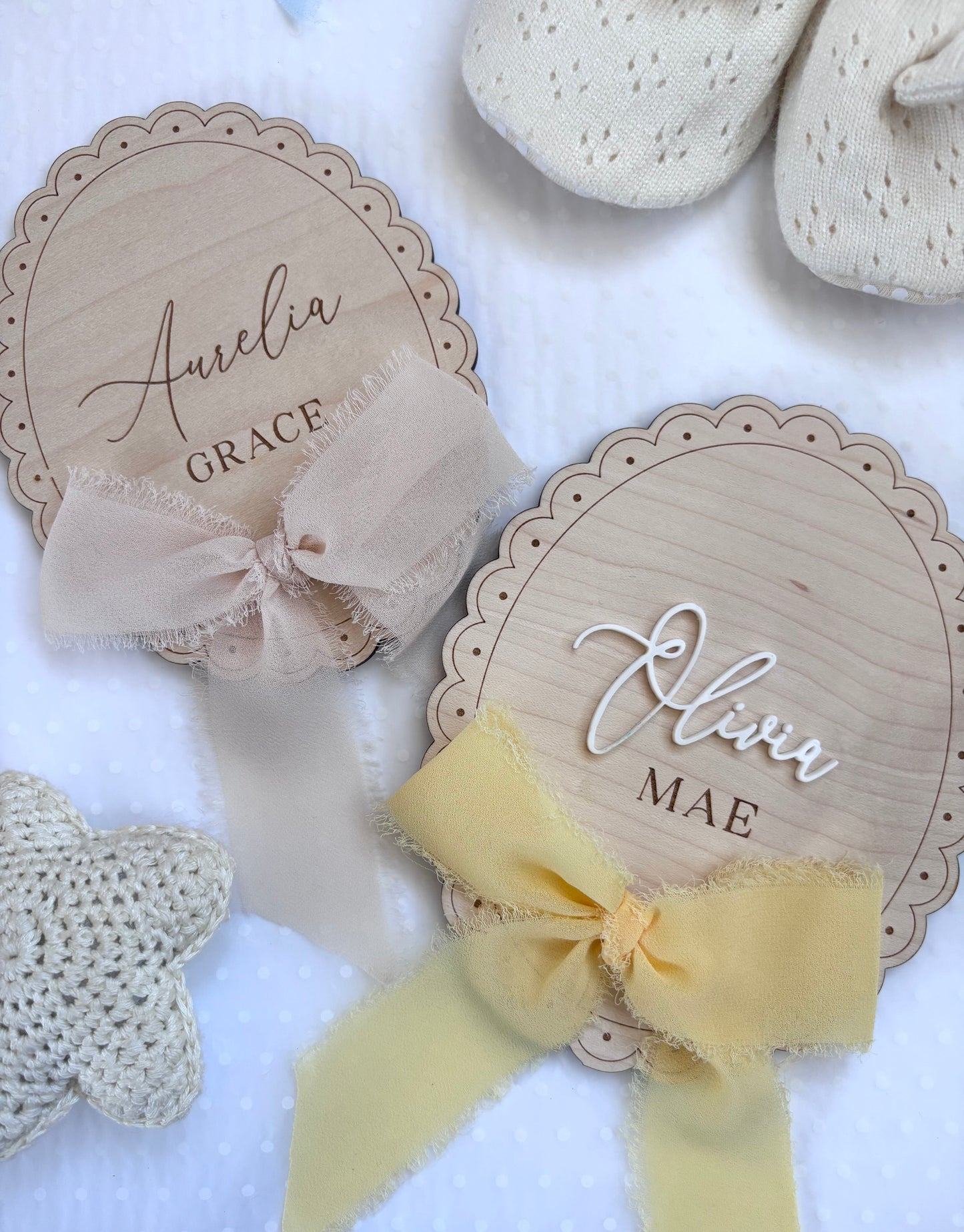 Personalised Wooden Birth Announcement Plaque with Chiffon Ribbon