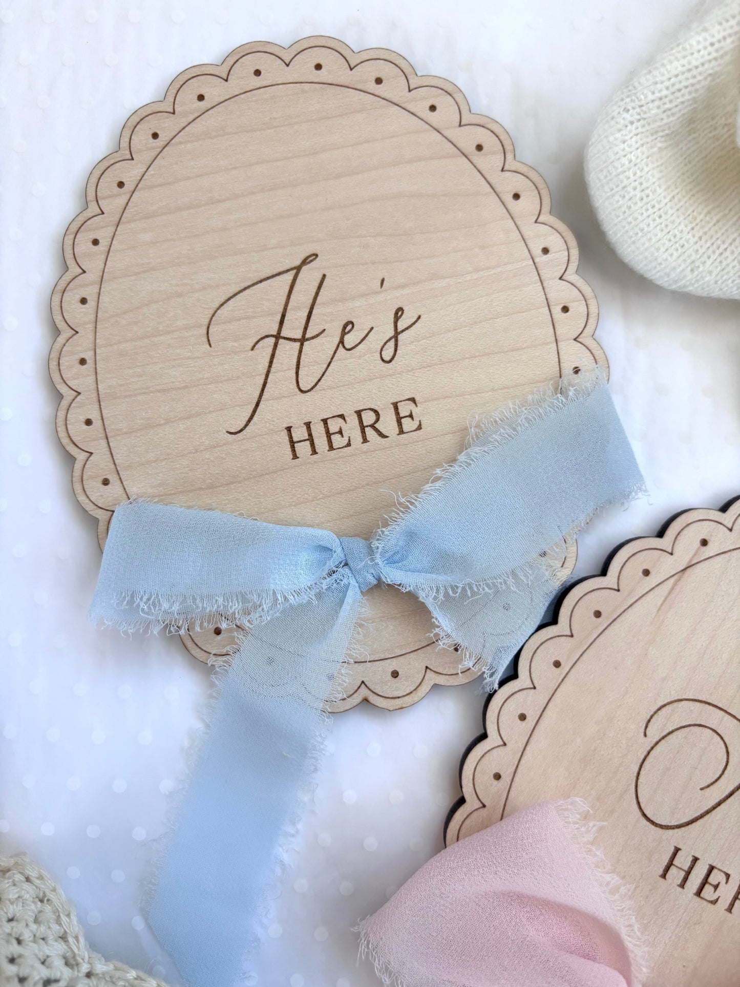 He’s Here, She’s Here Wooden Birth Announcement Plaque
