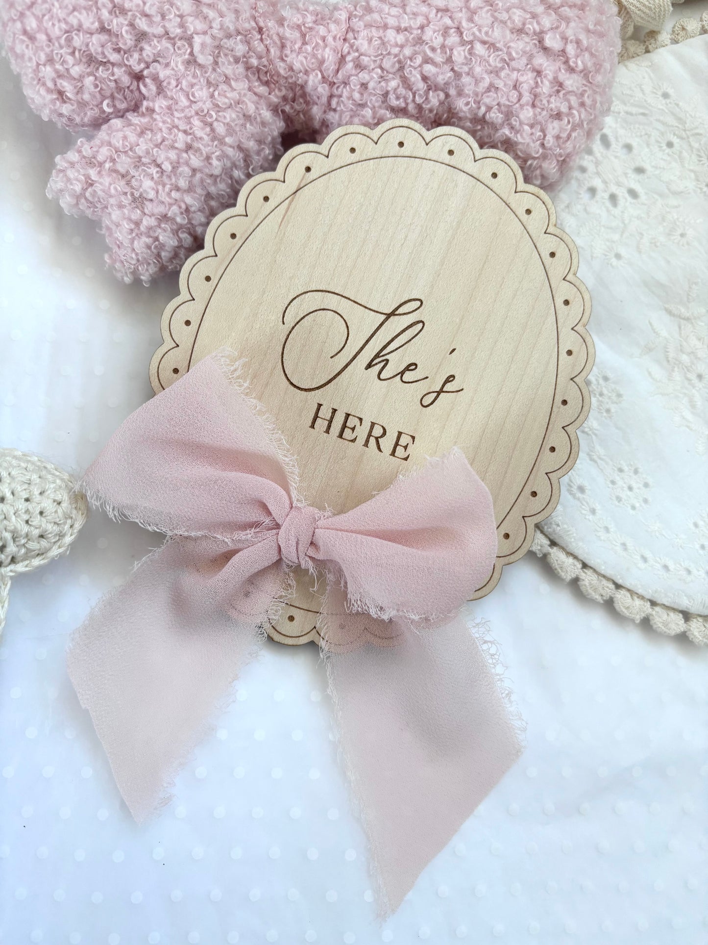 He’s Here, She’s Here Wooden Birth Announcement Plaque