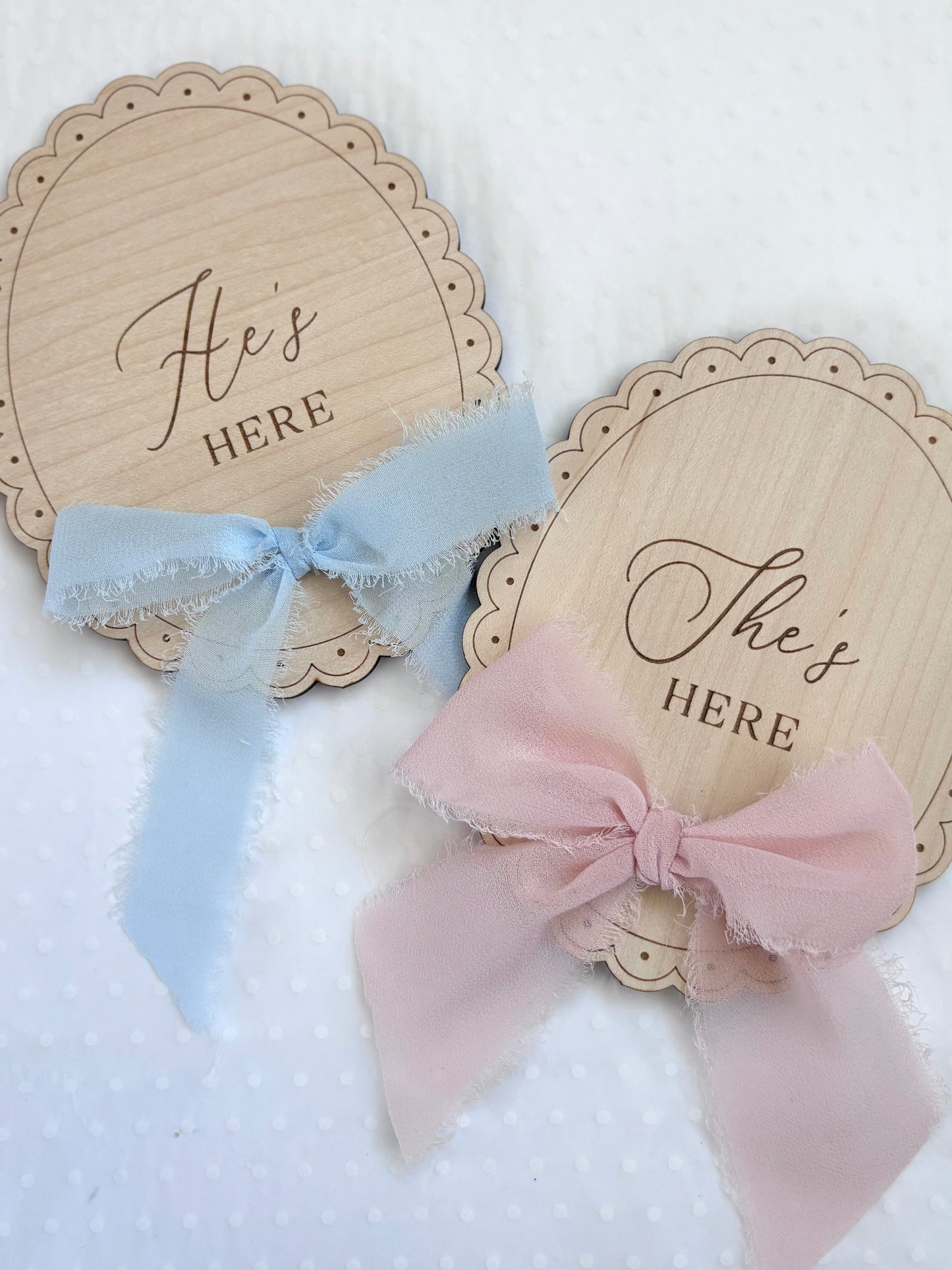 He’s Here, She’s Here Wooden Birth Announcement Plaque