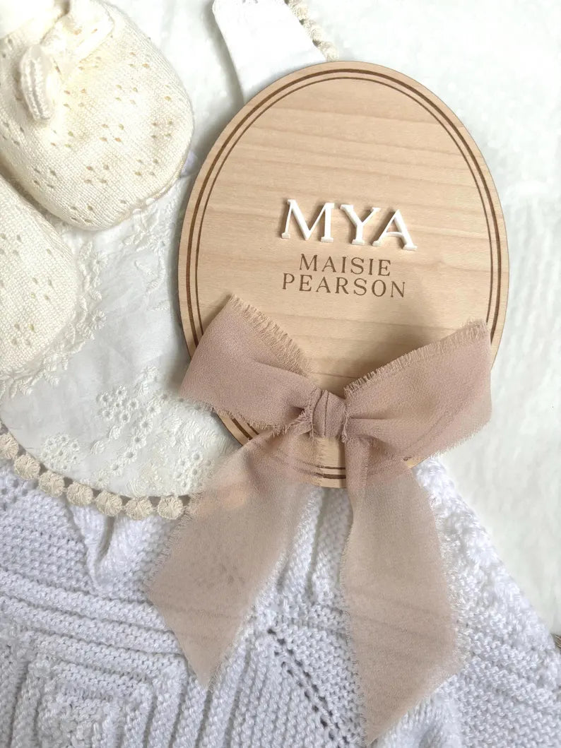 Personalised Baby Name Oval Plaque with Acrylic Name & Chiffon Ribbon