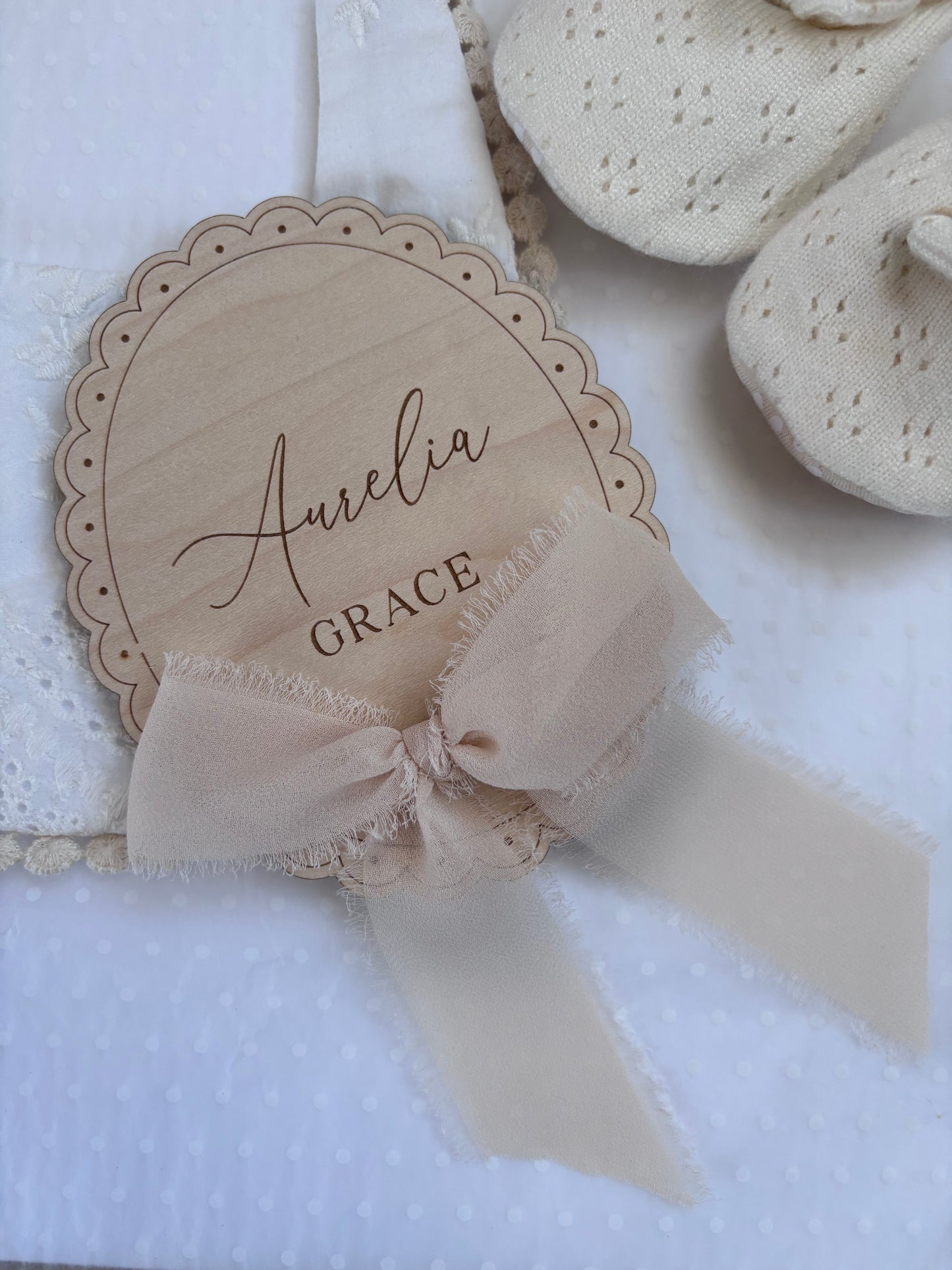 Personalised Wooden Birth Announcement Plaque with Chiffon Ribbon