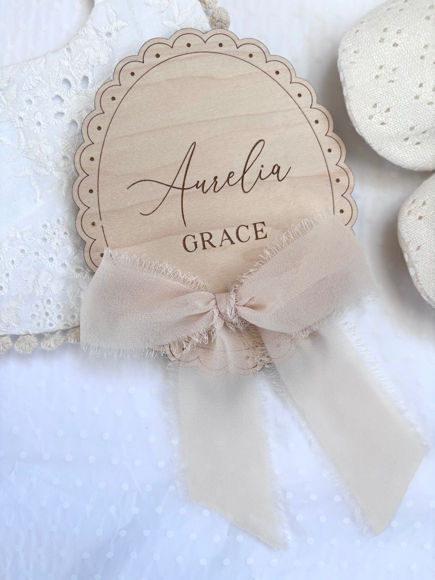 Personalised Wooden Birth Announcement Plaque with Chiffon Ribbon