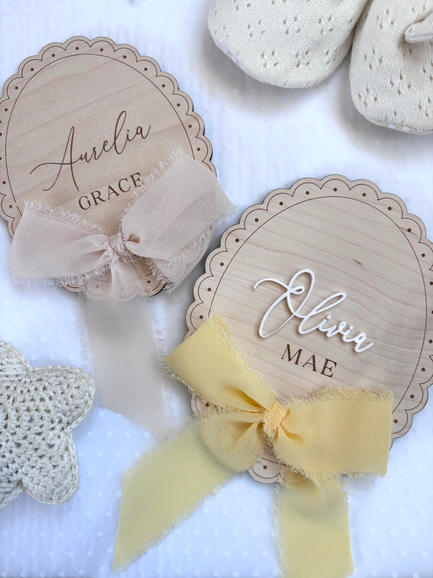 Personalised Baby Name Reveal Wooden Scallop Bow Plaque