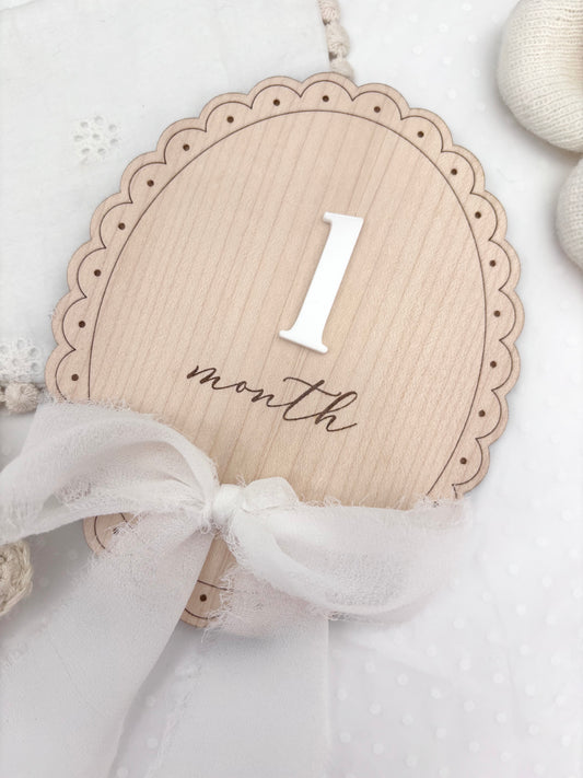 Scallop Wooden Monthly Milestone Markers Set with Chiffon Bow- Baby Gift