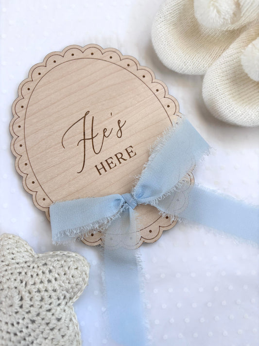 He’s Here, She’s Here Wooden Birth Announcement Plaque