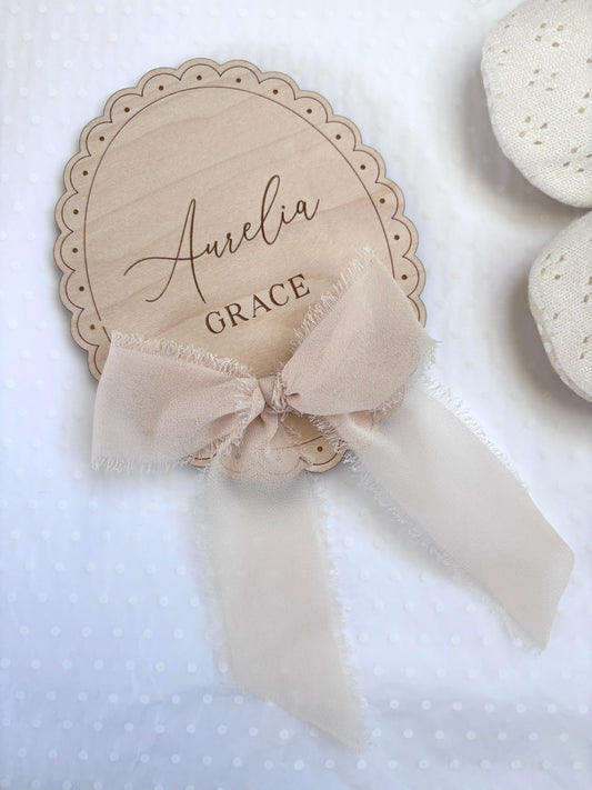 Personalised Wooden Birth Announcement Plaque with Chiffon Ribbon