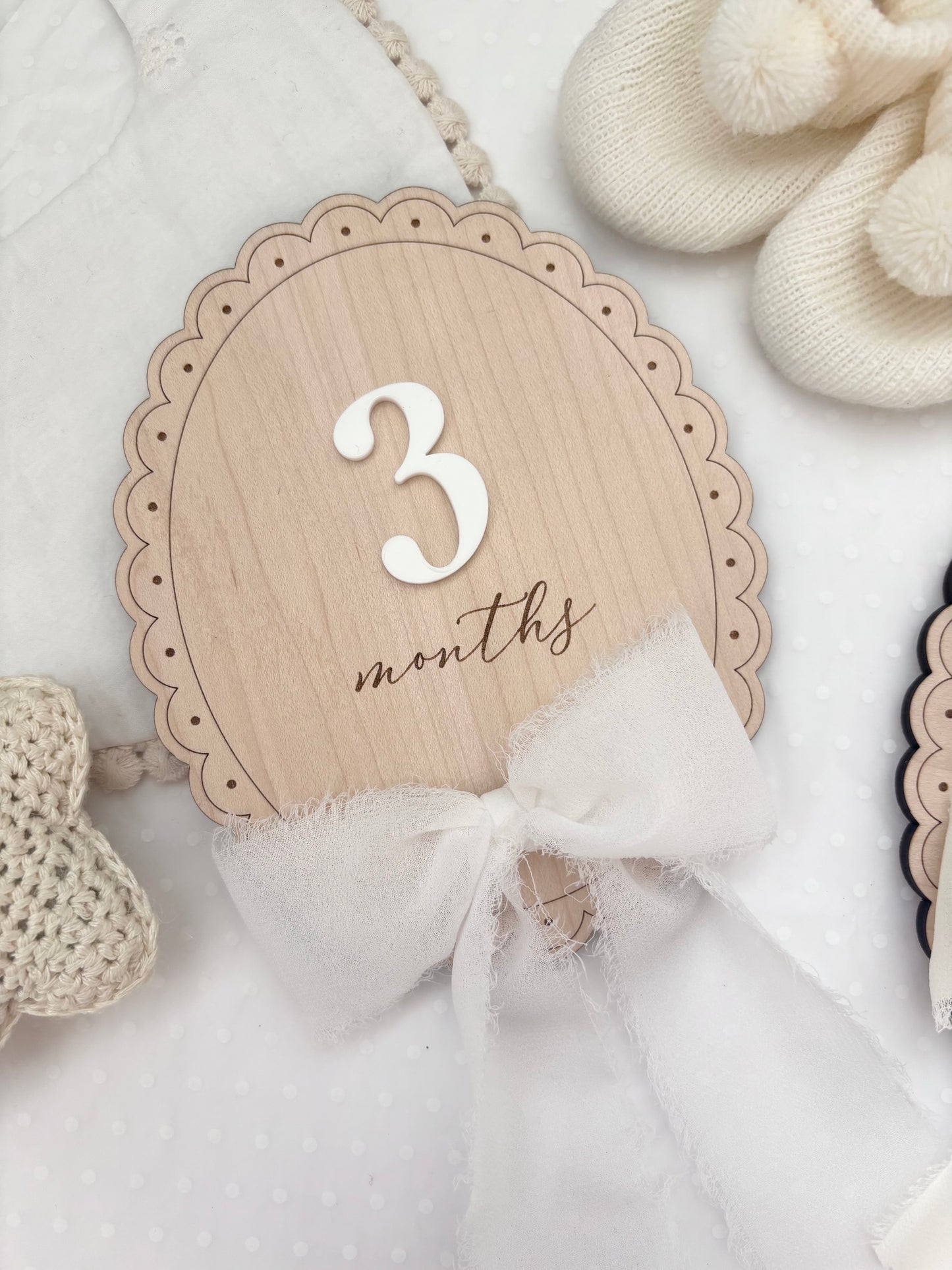 Scallop Wooden Monthly Milestone Markers Set with Chiffon Bow- Baby Gift