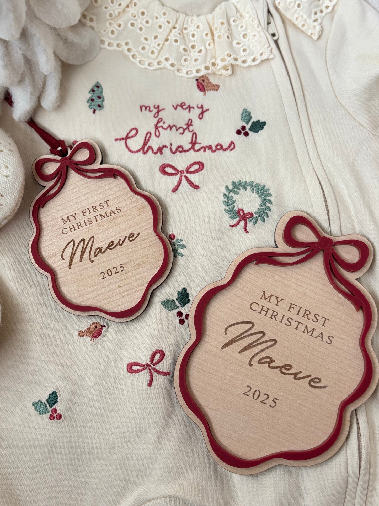 First Christmas Bow Photo Plaque & Bauble