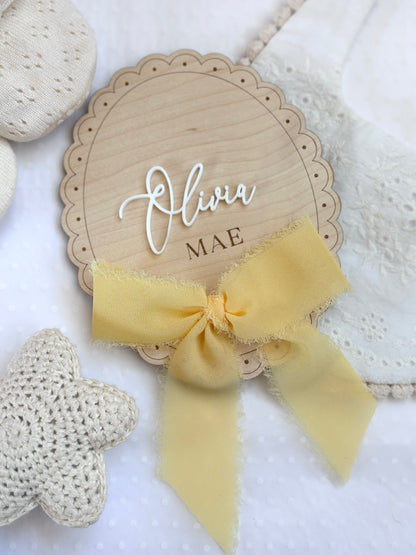 Personalised Baby Name Plaque with Acrylic Name & Chiffon Bow Plaque