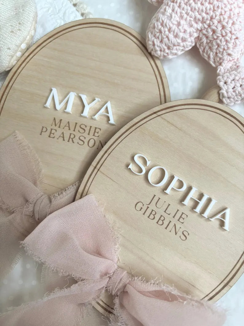 Personalised Baby Name Oval Plaque with Acrylic Name & Chiffon Ribbon