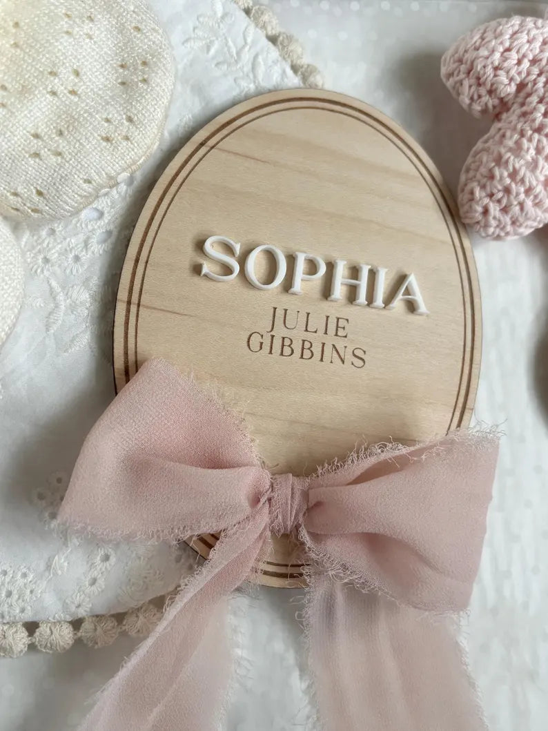 Personalised Baby Name Oval Plaque with Acrylic Name & Chiffon Ribbon
