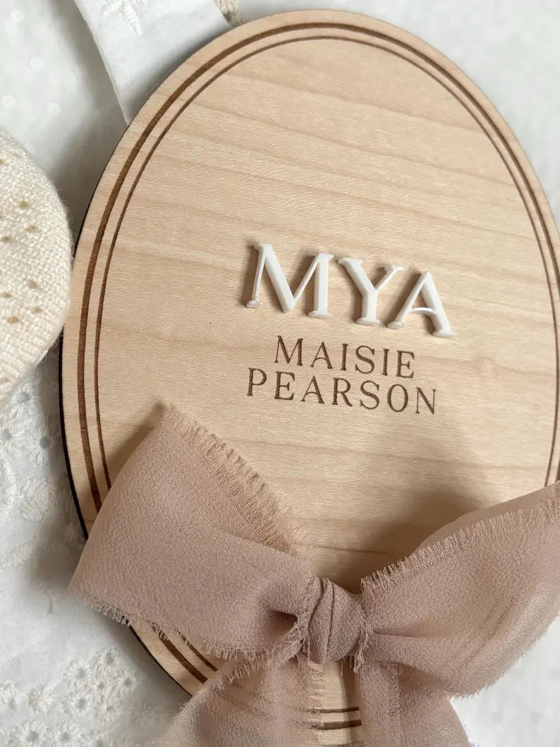 Personalised Baby Name Oval Plaque with Acrylic Name & Chiffon Ribbon
