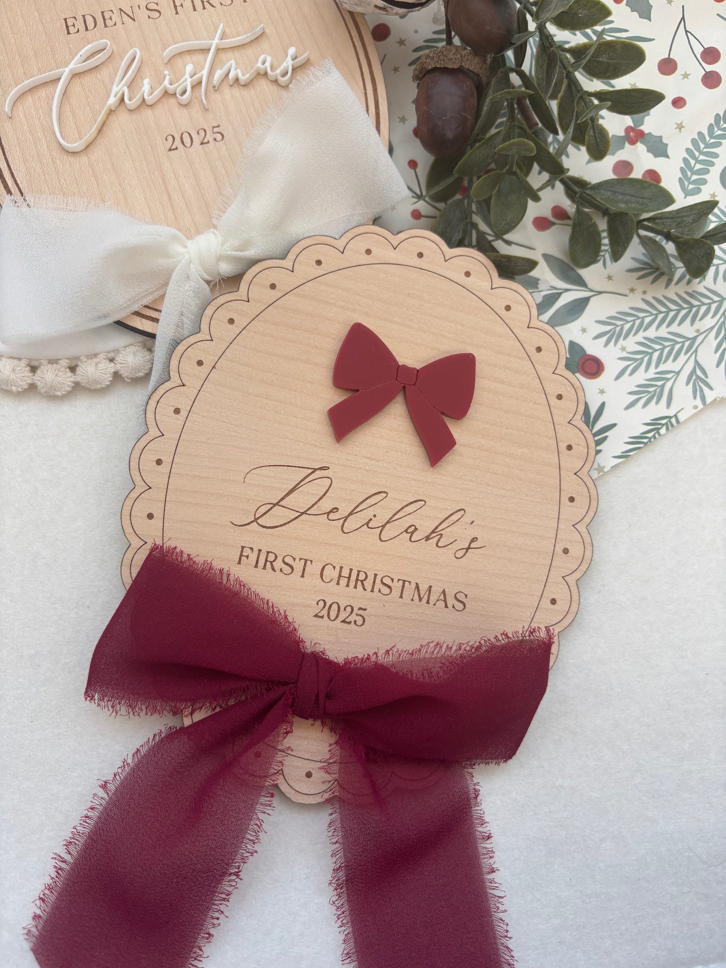 My First Christmas Personalised Plaque - Bow