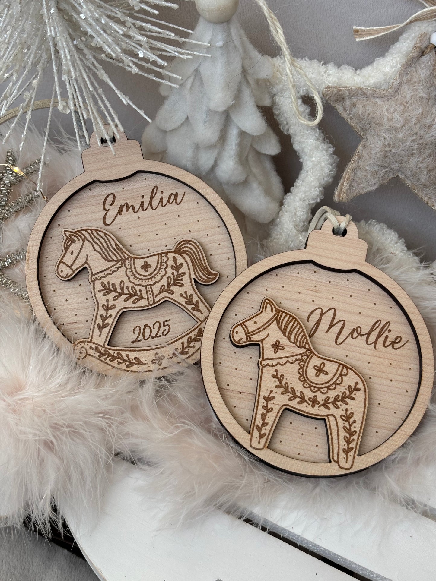 Personalised Rocking Horse, Gingerbread Bauble : Wooden Snowglobe Tree Ornament
