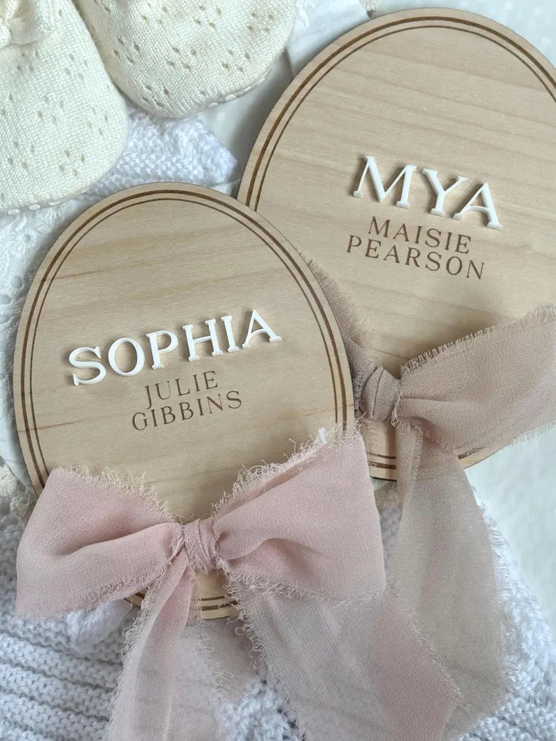 Personalised Baby Name Oval Plaque with Acrylic Name & Chiffon Ribbon
