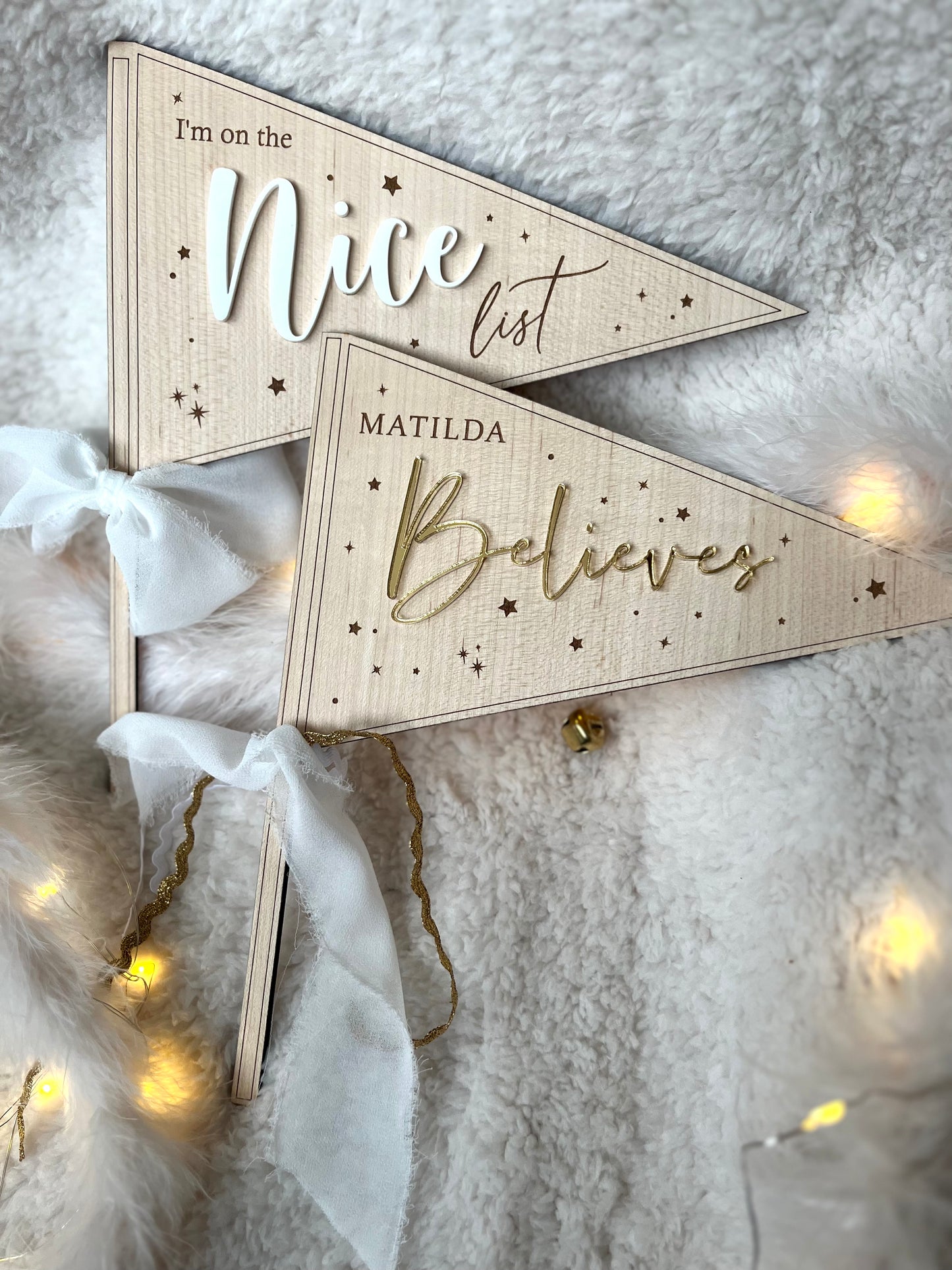 Nice list and Believe Wooden Christmas Flags