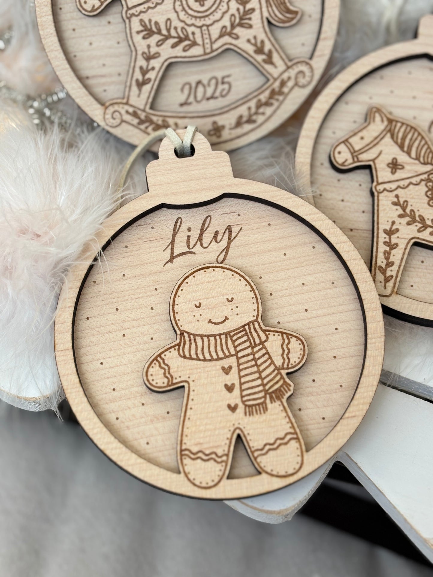 Personalised Rocking Horse, Gingerbread Bauble : Wooden Snowglobe Tree Ornament