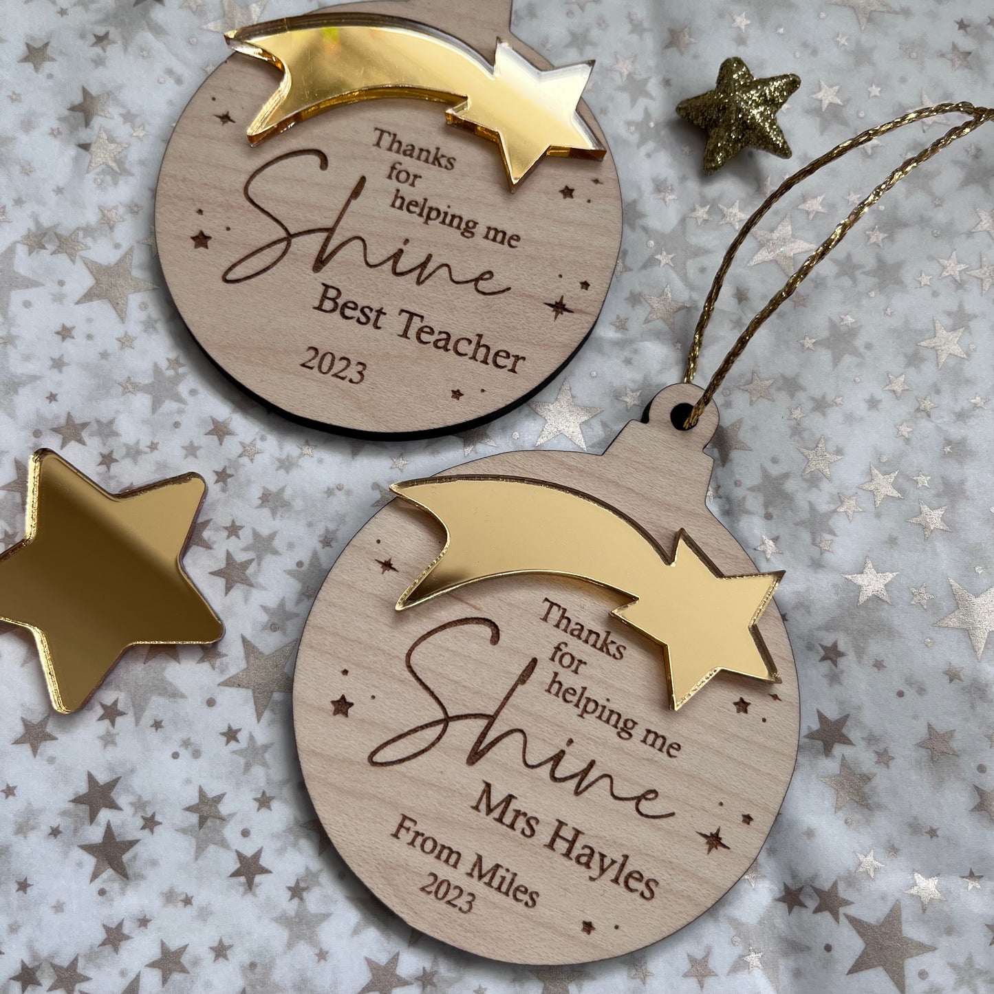 Personalised Thank you for helping me shine Teacher Bauble