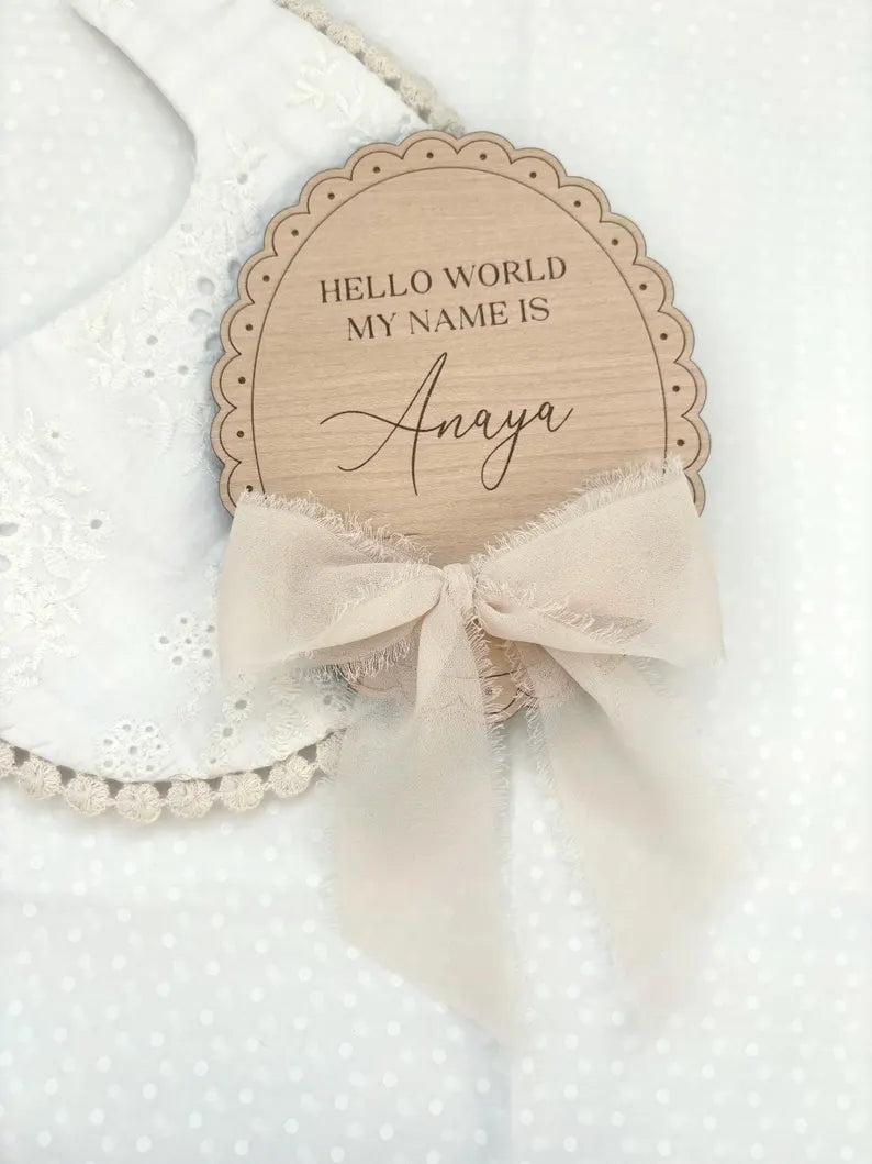 Hello World Baby Name Plaque with Chiffon Ribbon