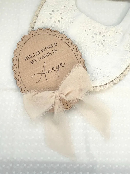 Hello World Baby Name Plaque with Chiffon Ribbon