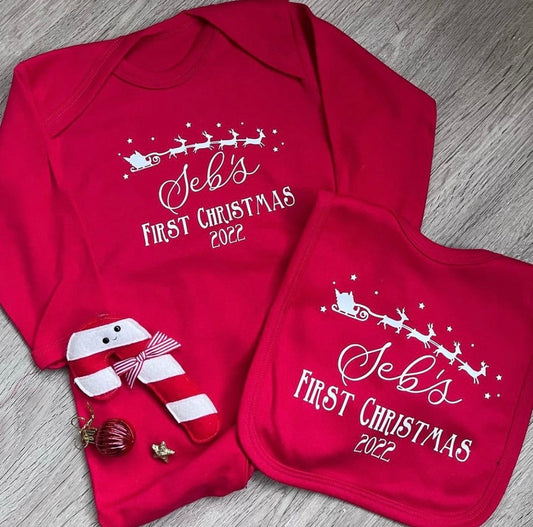 Personalised Red Romper & Bib set - My first Christmas