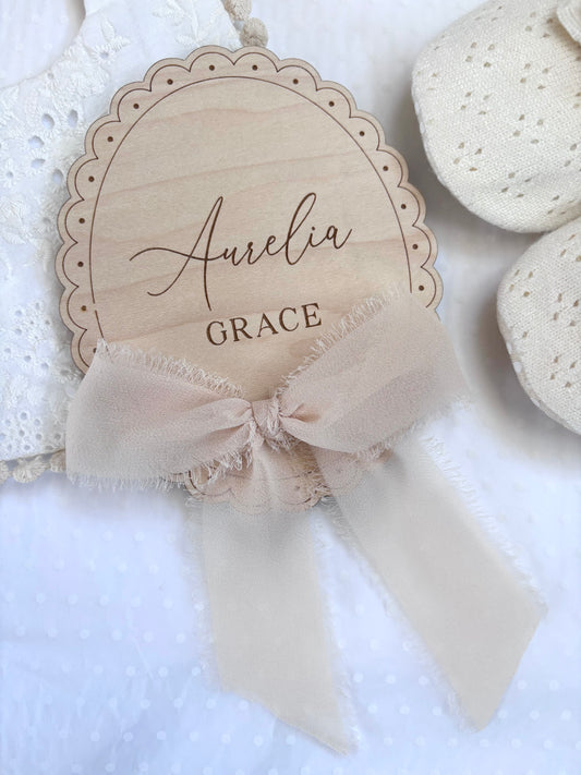 Personalised Wooden Birth Announcement Plaque with Chiffon Ribbon