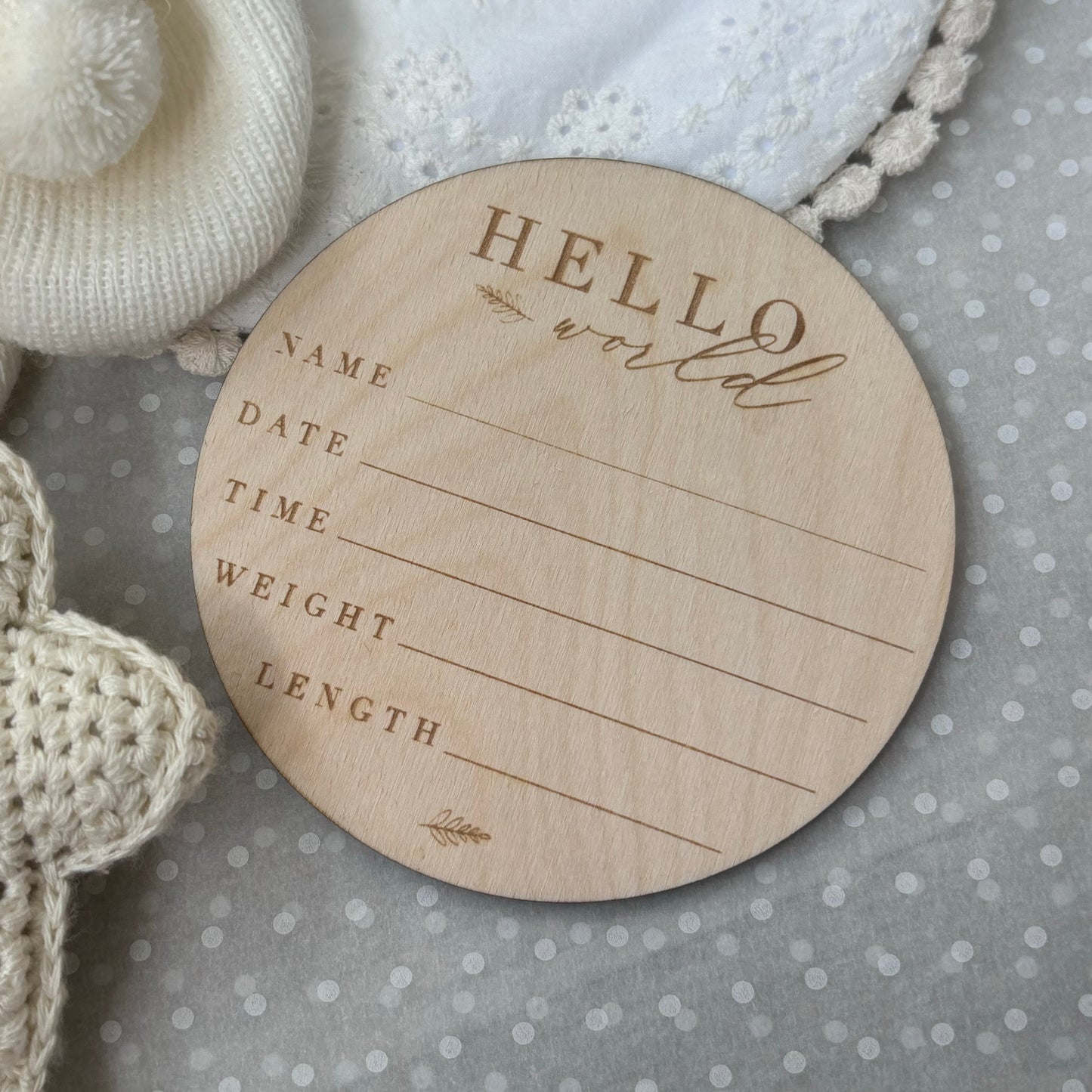 Hello World Birth Announcement Double Sided Wooden Disc