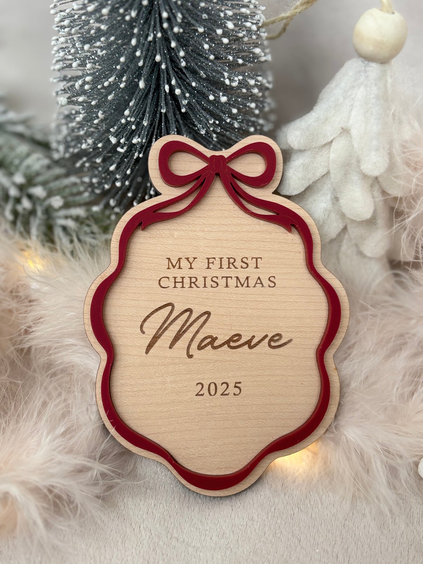 First Christmas Bow Photo Plaque & Bauble