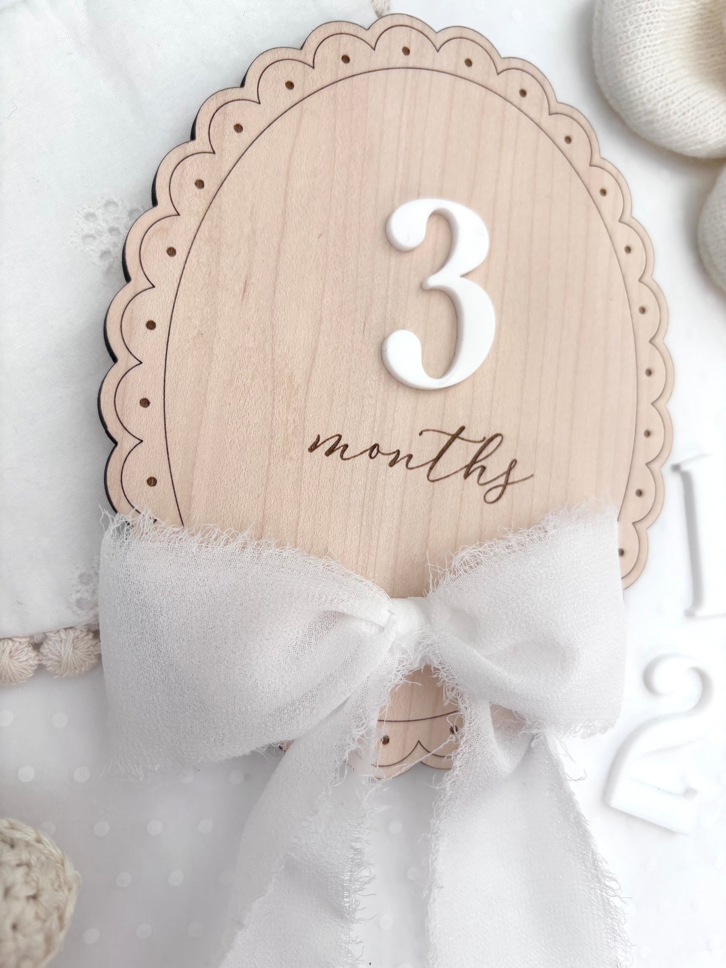 Scallop Wooden Monthly Milestone Markers Set with Chiffon Bow- Baby Gift