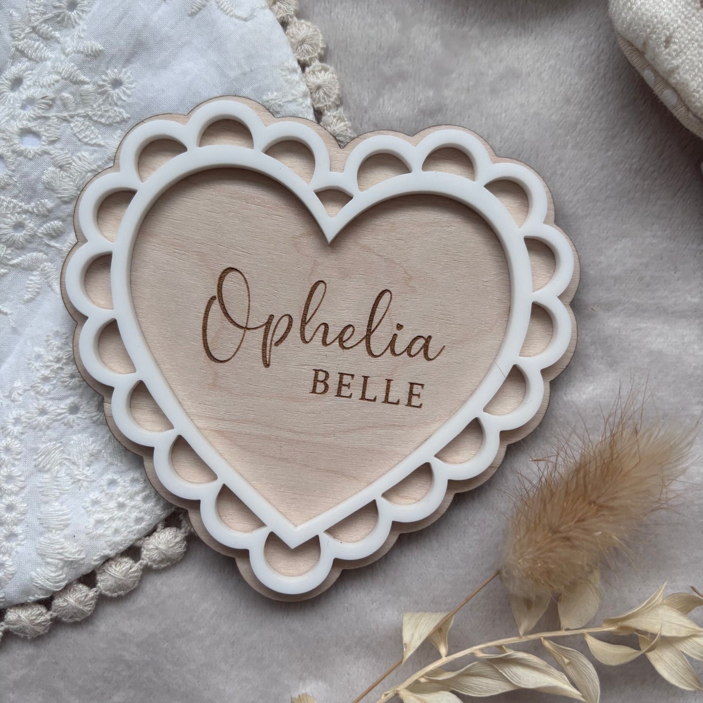 Personalised Scallop Heart Baby Name Announcement Plaque