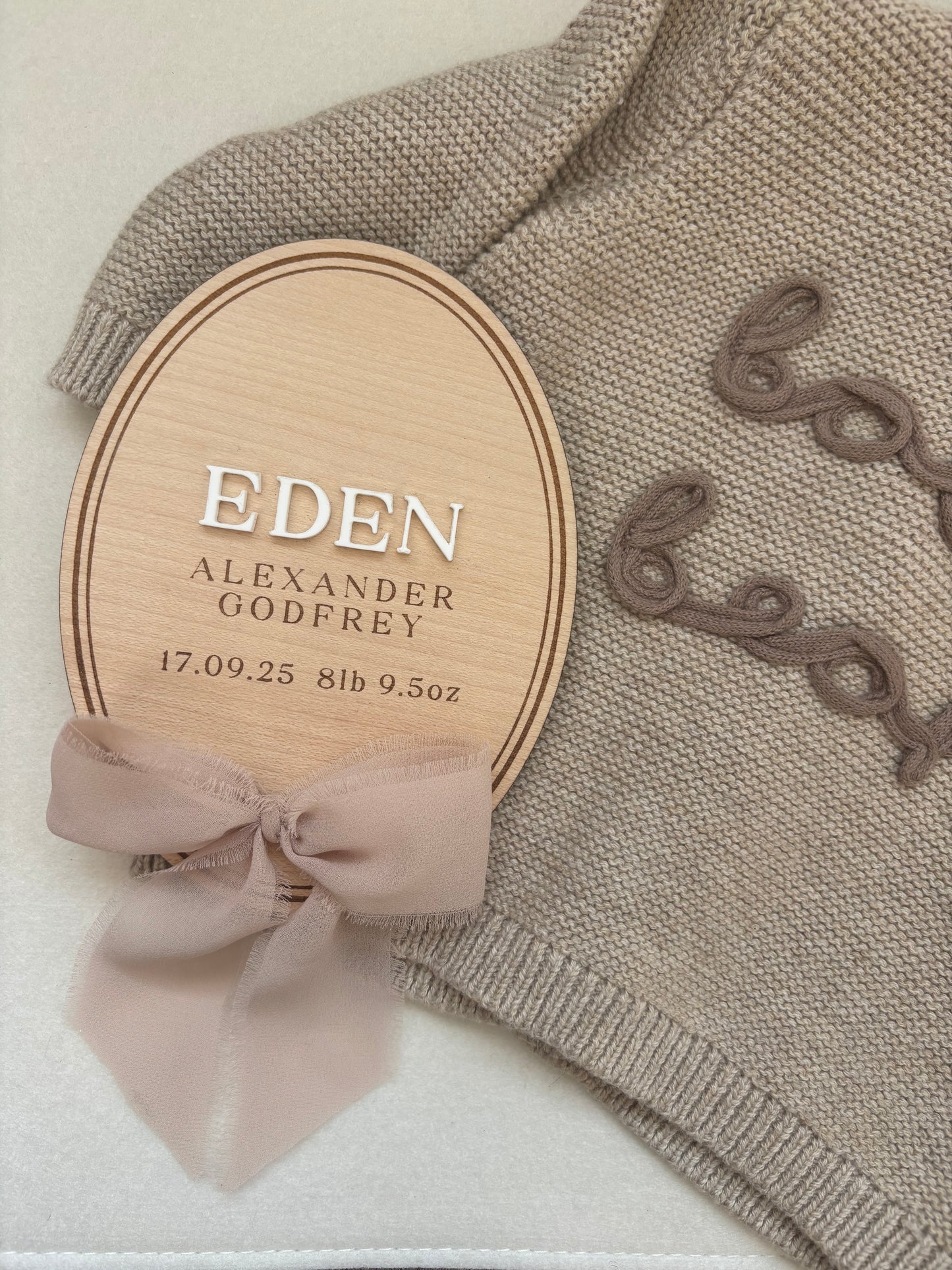 Personalised Wooden Birth Announcement Plaque with Chiffon Ribbon