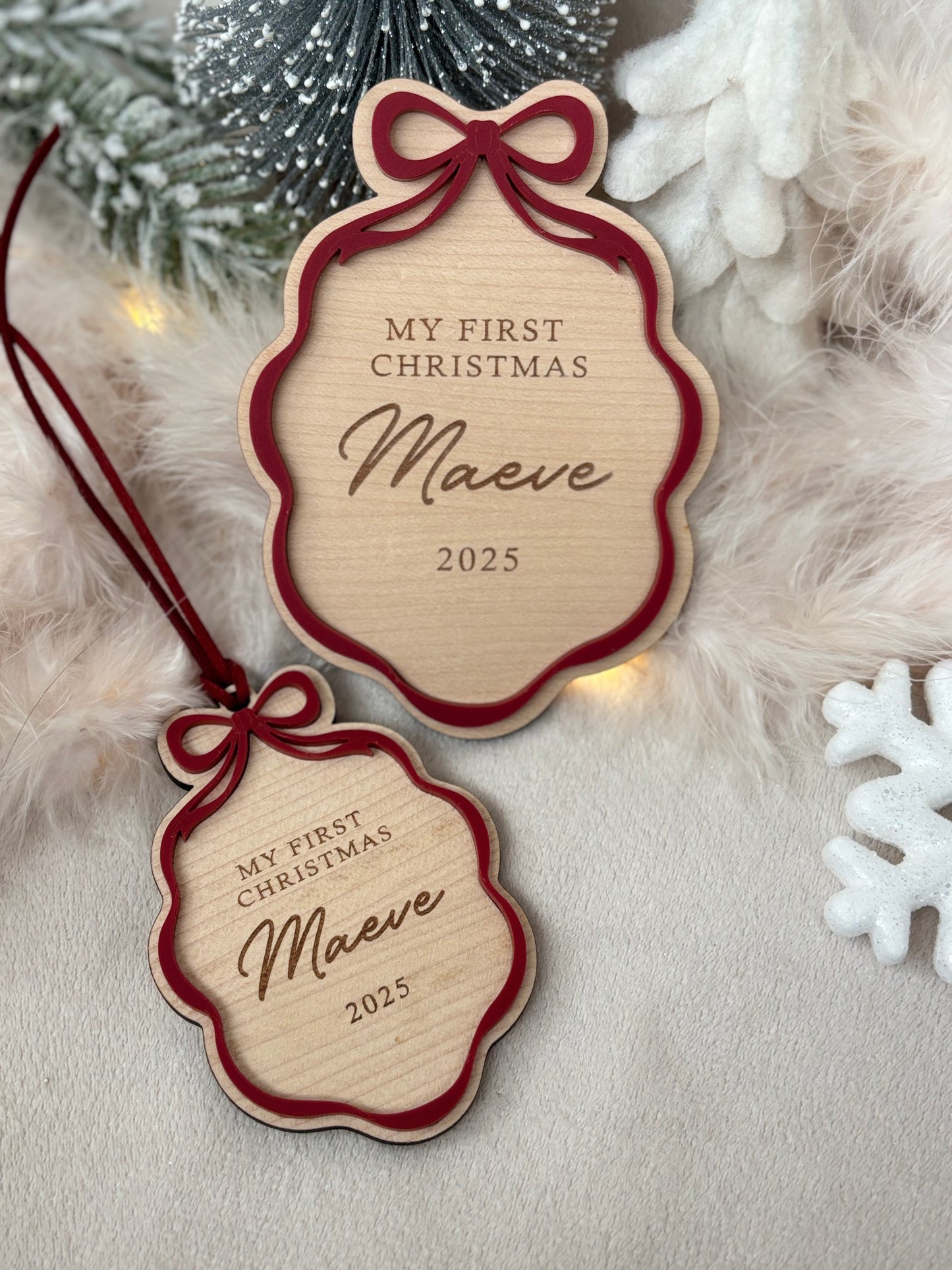 First Christmas Bow Photo Plaque & Bauble