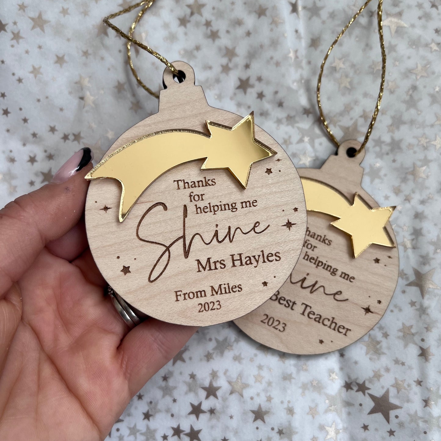Personalised Thank you for helping me shine Teacher Bauble