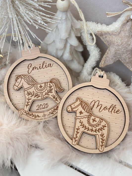 Personalised Rocking Horse, Gingerbread Bauble : Wooden Snowglobe Tree Ornament