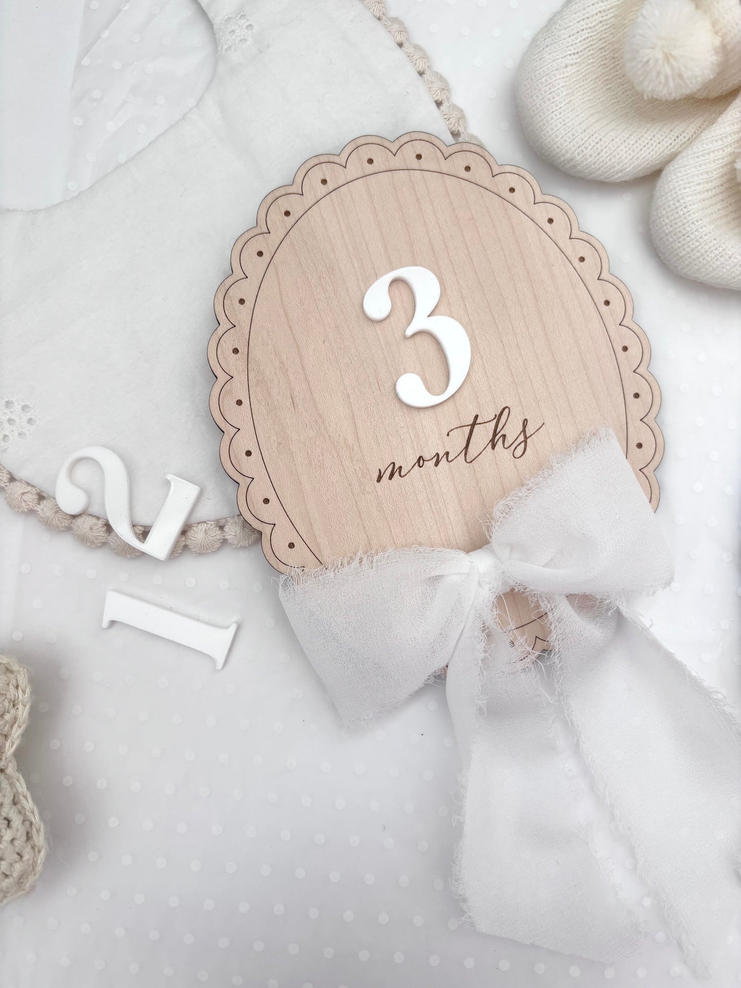Scallop Wooden Monthly Milestone Markers Set with Chiffon Bow- Baby Gift
