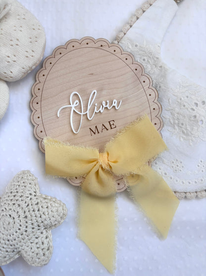 Personalised Baby Name Plaque with Acrylic Name & Chiffon Bow Plaque