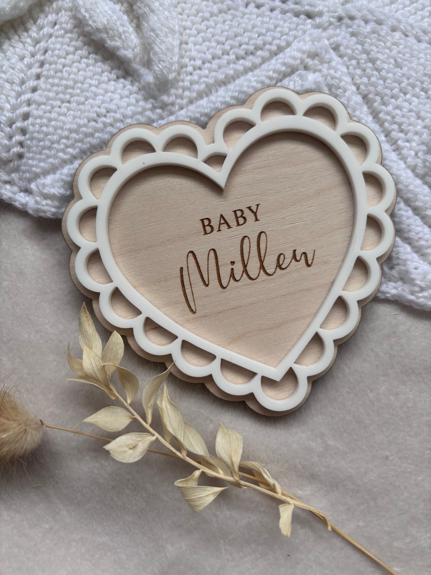 Personalised Scallop Heart Baby Name Announcement Plaque