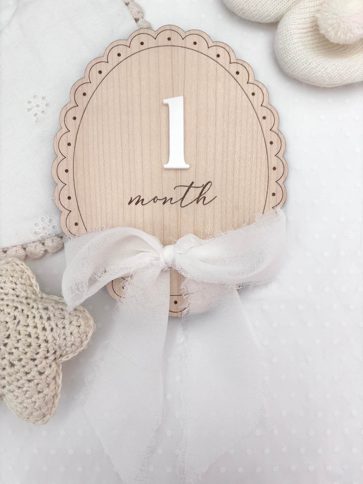 Scallop Wooden Monthly Milestone Markers Set with Chiffon Bow- Baby Gift