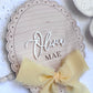 Personalised Baby Name Reveal Wooden Scallop Bow Plaque