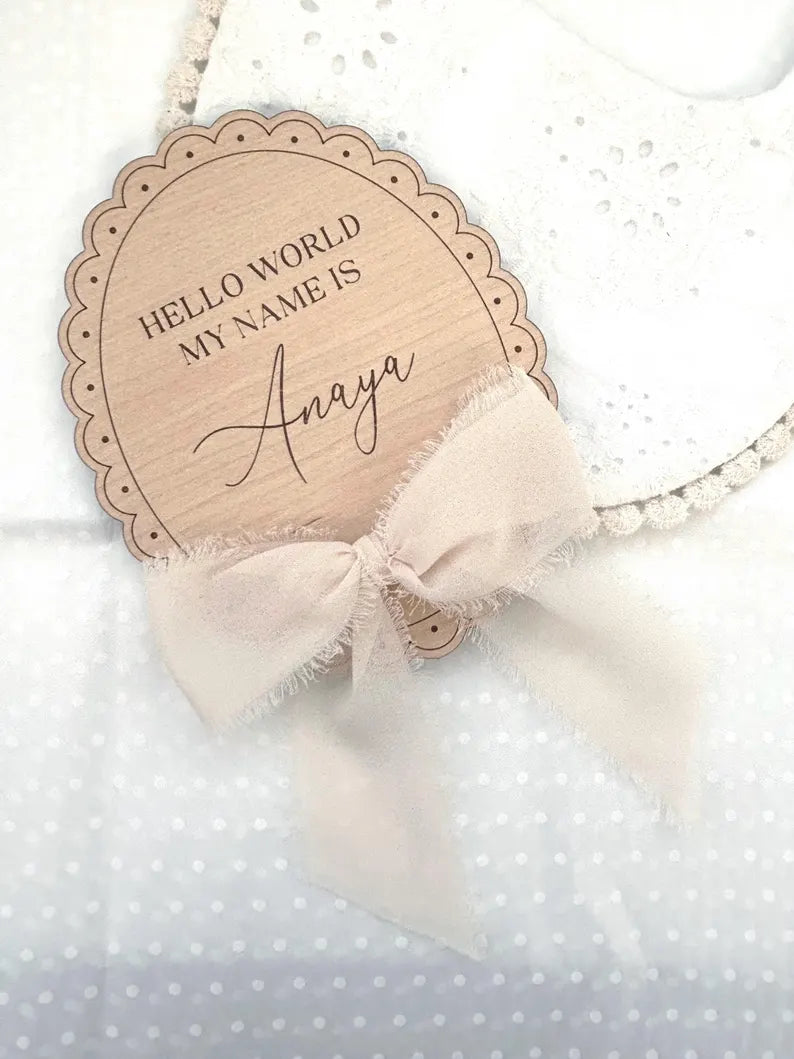 Hello World Baby Name Plaque with Chiffon Ribbon